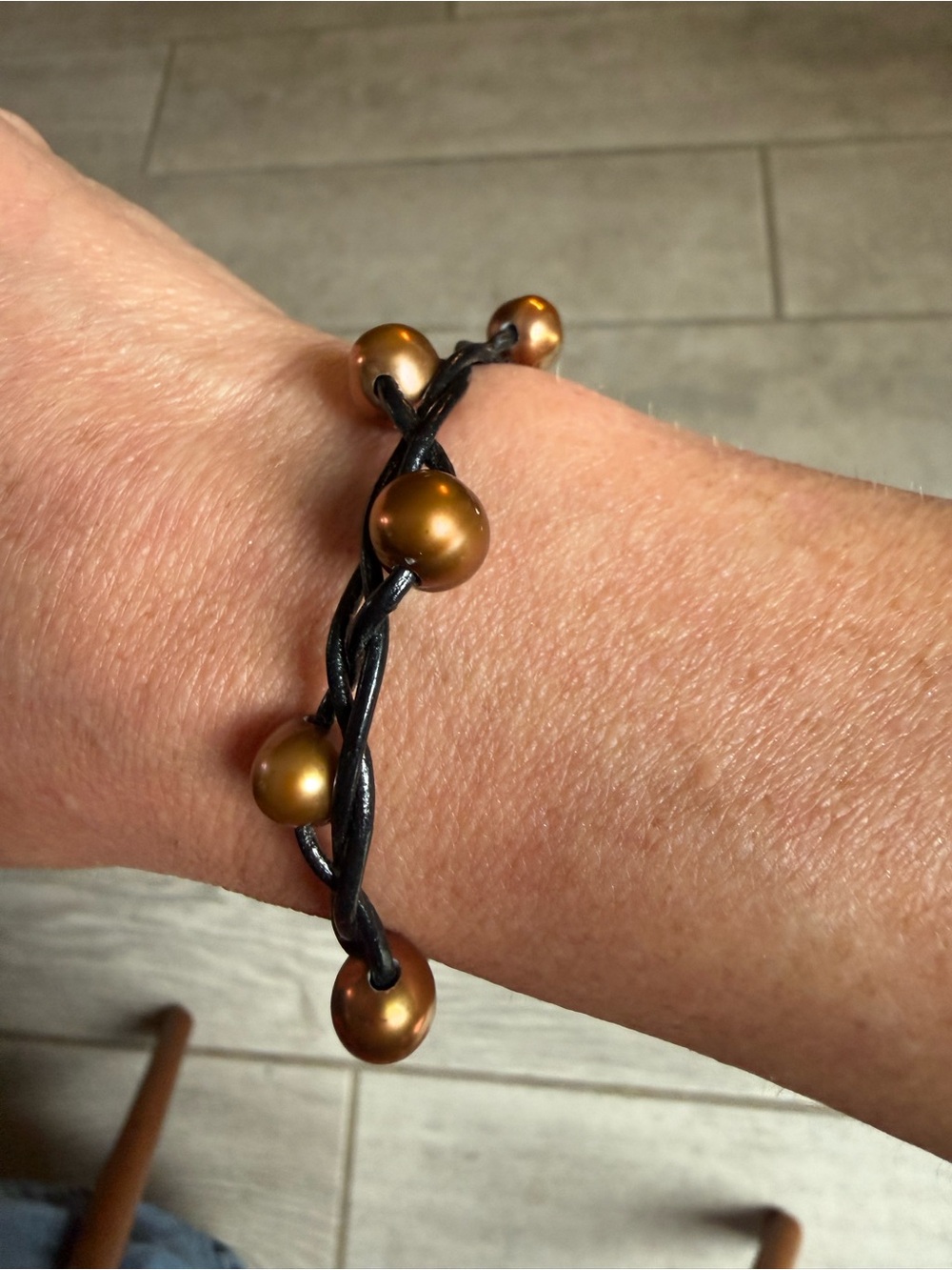 Peyote Bird Copper Bronze Freshwater Pearl Braided Leather Bracelet 7.5